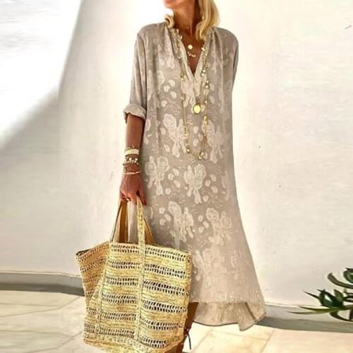 2021 Summer V Neck Long Dress Vintage Flower Print Women Elegant Party Dress Fashion Casual Female Loose Beach Dress Vestidos