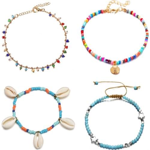 Bohemian Star Crystal Shell Anklets for Women Imitation pearl Anklet Multilayer Foot Bracelet on Leg Beach Turtle Anklet Jewelry