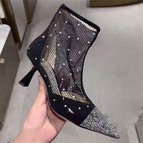 Summer Rhinestone Ankle Boots Woman Botines Back Zip Strange Style High Heels Shoes Women Crystal Cutouts Mesh Sandal Boots