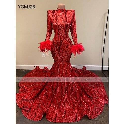 African Girl Red Long Mermaid Prom Dresses 2020 Wrist Feathers High Neck Full Sleeve Open Back Sparkly Sequin Evening Gowns