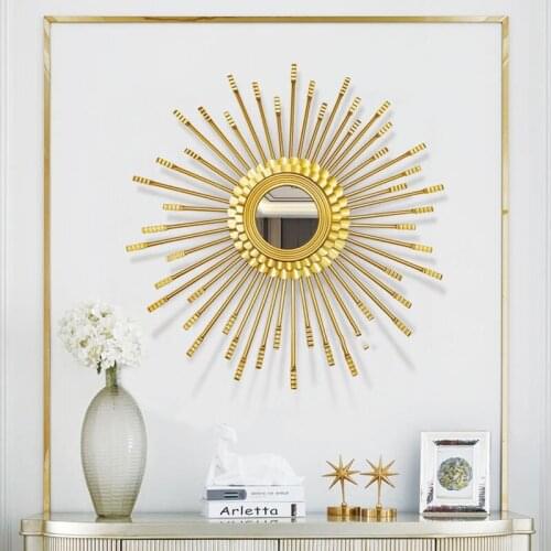 European Wrought Iron Gold Sun Shape Decorative Mirror Wall Mural Crafts Home Livingroom Hotel Wall Hanging Decoartion Ornaments