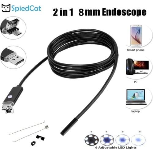 1/2/5M Soft Cable 8mm Mini lens 6 LED 2in1 Endoscope Camera Snake inspection Pipe micro/USB for Android Smart Phone PC Window