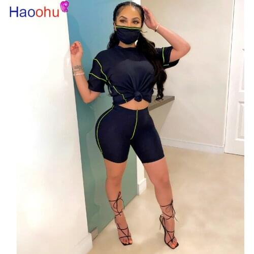 HAOOHU Sport Women Moto Biker With Mask Three Piece Set Tee Tops Shorts Jogger Sweatpants Suit Tracksuit Matching Set Outfit