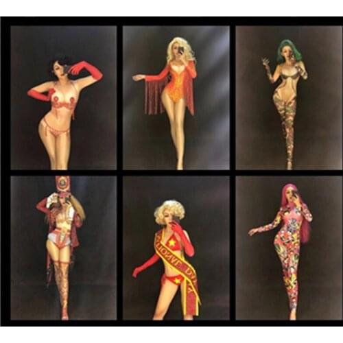 ZD337 Women Sexy Jumpsuit & Bodysuit China National Day Series 3D Printed Sparkling Crystals Nightclub Party Performance Bling