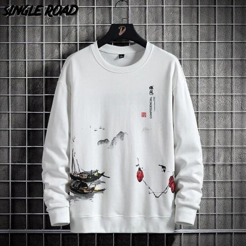 Single Road Mens Crewneck Sweatshirt Men 2021 Chinese Hip Hop Style Sweatshirts Oversized Japanese Streetwear White Hoodie Men