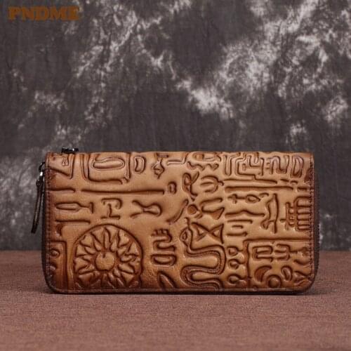PNDME vintage designer genuine leather mens womens clutch wallets hand-embossed luxury cowhide card holder phone coin purses