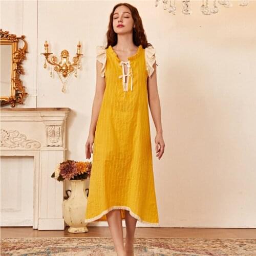 Wasteheart New Women Homewear Female Yellow Sexy Sleepwear Nightdress Lace Nightwear Nightgown Sleepwear Luxury Gown