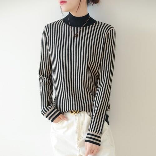 Autumn Winter New Style Women Worsted Wool Sweater Half-high Collar Stripe Cashmere Pullover Female Slim Warm Knitting Sweater