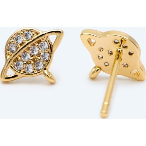 10pcs CZ Paved Saturn Ear Posts 9x7.5mm, Real Gold Plated Brass Stud Earrings For Jewelry Making Accessories (#GB-1703)