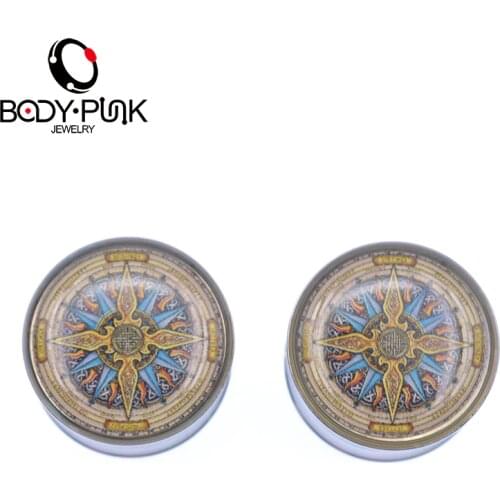 BODY PUNK Retro Compass Stud Earrings Ear Plugs Fake Expander Ear Stretcher Tunnel Stainless Steel Body Piercing Jewelry 6-16mm