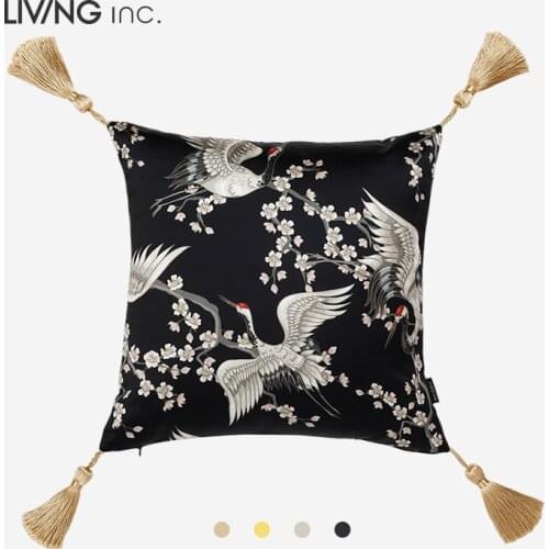Chinese Painting Red-crowned Crane Bird Copy Silk Cushion Cover Modern White Black Sofa Home Decoration Rould Pillow 45X45cm