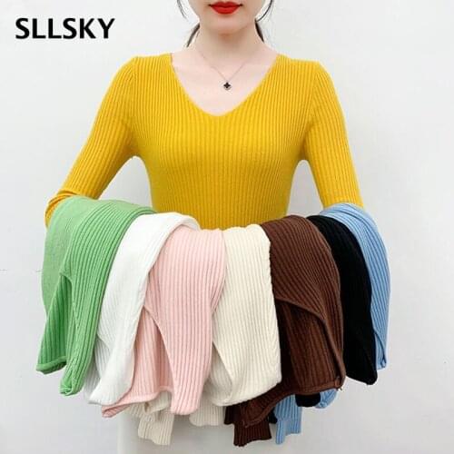 SLLSKY Solid V-Neck Knitted Undershirt Pullover Women Spring Casual Thin Sweater Long Sleeve Slim Fashion Ladies Bottoming Tops