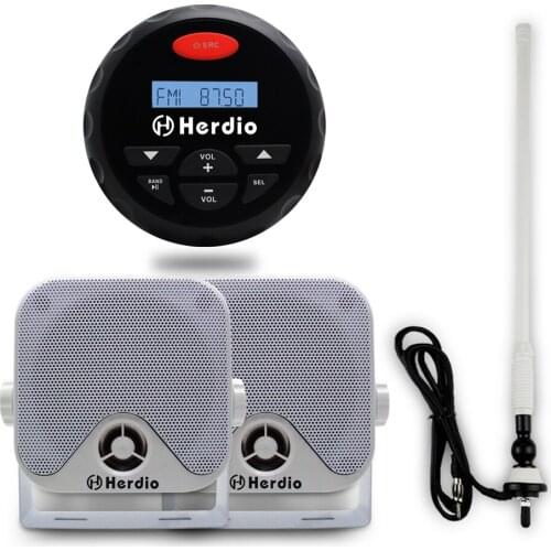 Waterproof Marine Gauge Bluetooth Stereo Motorcycle Audio FM AM Radio Boat ATV UTV 4" Marine Surface Mount Speakers + Antenna