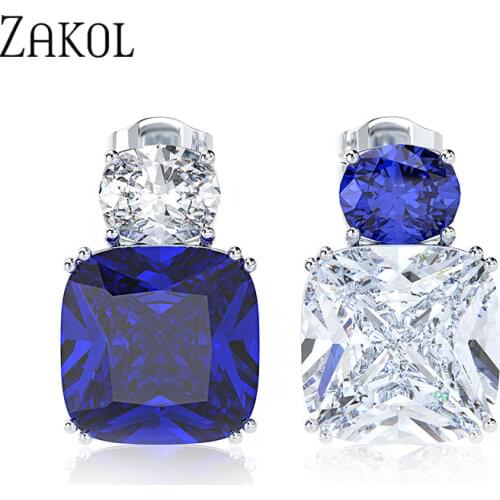 ZAKOL Trendy Crystal Bridal Earrings for Women Accessories Simple Blue White Square Cz Zirconia Stud Earrings Jewelry