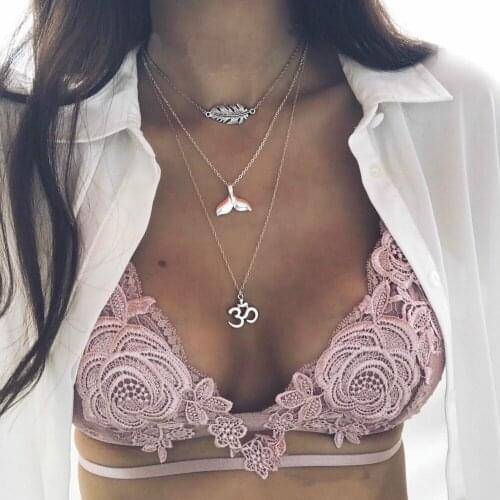 Fashion Leaves Feather Yoga Om Fishtail Chain Pendant Multilayer Long Necklace Women Creative Engraving Jewelry Gift