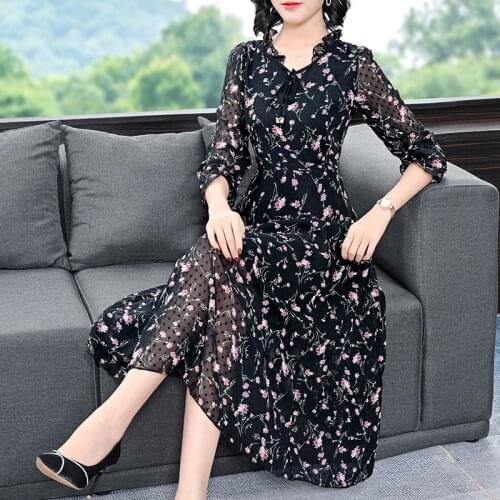2021 Spring Autumn Floral Chiffon 4XL Plus Size Midi Dress Vintage Casual Elegant Print Dress Bodycon Long Sleeve Party Vestidos