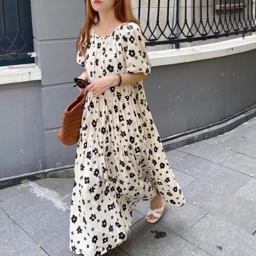 Women Summer Vintage Long Floral Cake Dress 2021 New Oversize Ball Gown Loose Waist A-line Folds Sundress