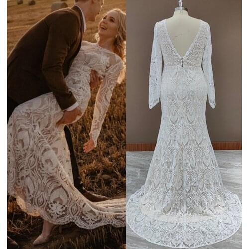 #4055-1 2 Pieces Long Sleeves Lace Rustic Wedding Dress Backless Vintage Beach Barn Ranch Plus Size Custom Made 2021 Mermaid