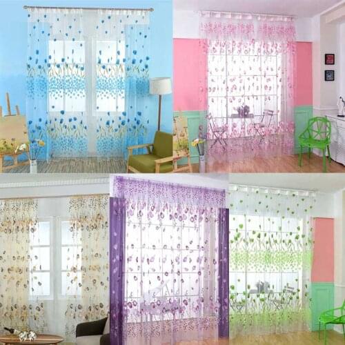 1*2m Modern Window Curtain Tulips Flowers Tulle Valance Beads Tassel Door Drapes Sheer Curtain Panel Home Decoration 1Pc