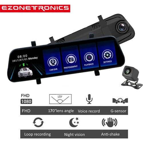 Car Camera Recorder 9.35" Full Touch Screen HD Mirror Dash Camera Dual Lens Reversing Backup Cam Car DVR with FHD 1080P Front
