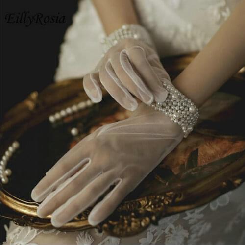 White Short Bridal Gloves Mesh Beading Pearls Sheer Tulle Women Party Gloves Wedding Accessory for Bride Hot Sale