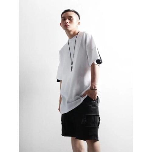 Mens summer new fashion trend collision color design casual Korean version ubiquitous simple large size short sleeve