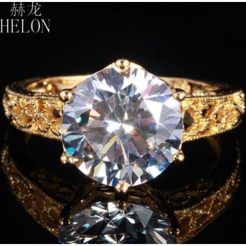 HELON 10mm Round 4ct Lab Grown Diamond Starling Solitaire Solid 14k Yellow Gold Vintage Engagement Ring Moissanites Wedding Ring