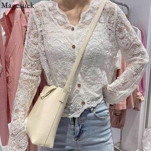 Korean Sexy V Neck Floral Women Tops Summer Lace Long Sleeve Solid Blouse Retro Cotton Thread Crochet Hollow Shirt Blusas 14456