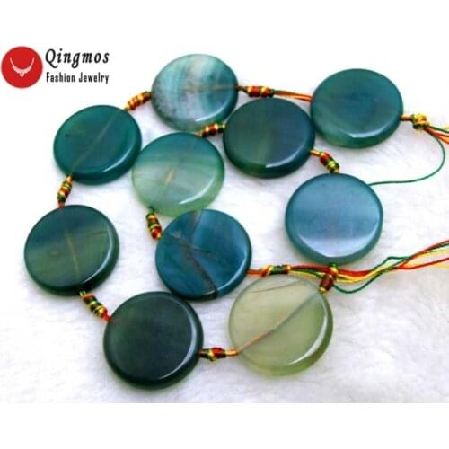 Qingmos 28mm Coin Round Green Striped Natural Agates Loose Beads for Jewelry Making Necklace Bracelet DIY 15'' los662 Free Ship