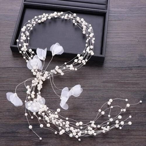Multi-layer Pearl Headband Wedding Hairbands Bridal Tiaras Elegant Flower Long Pearl Wedding Headband Tiara Hair Accessories