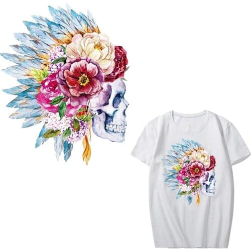 Flower Skull Patch Iron-on Transfers Patches for Clothes T-shirt Applique Heat Transfer Vinyl Stickers for Clothing Heat Press