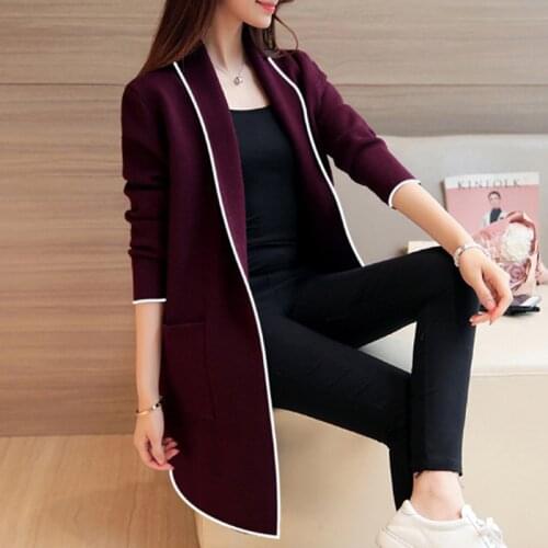 Autumn Womens Long Cardigans Patchwork Long Sleeve Jumper Knitting Loose Female Outwear Korea Style Casual Sweaters Coats