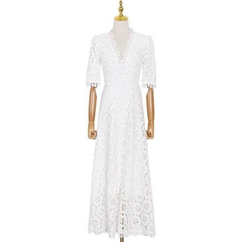 Solid Ankle-Length Dresses for Women 2021 Summer New V-Neck Thin A-LINE Swing Hollow Out Woman Dress Donsignet