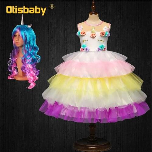 Christmas Girls Unicorn Dress Toddler Party Unicorn Tutu Dress Halloween Rainbow Pony Costume Child Rainbow Dash Gown Infant Wig