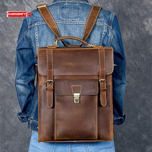 New Mens Backpack Leather Computer Shoulder Bag Men School Bag Retro Large Capacity Travel Crazy Horse Leather Male Cow Leather