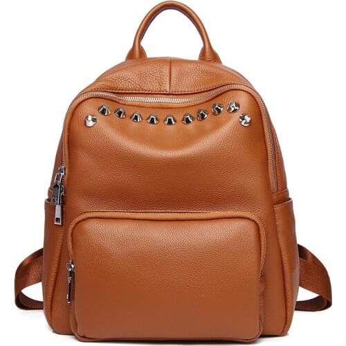 Luxury Soft Nature Leather Women Backpack 2021 Cowhide Rivet Lady Rucksack Girl School Bag Brand Designer Female Travel Backpack