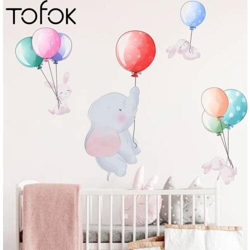 Tofok Cartoon Baby Elephant Balloon Wall Stickers Childrens Room Living Room Bedroom Creative Wall Decals PVC Home Decoration