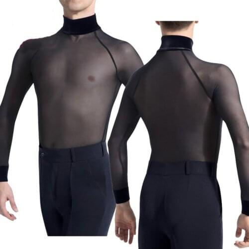 Sexy Latin Dance Tops Male Transparent Gauze Long Sleeve Tops Ballroom Competition Costume Men Latin Dance Performance VDB834