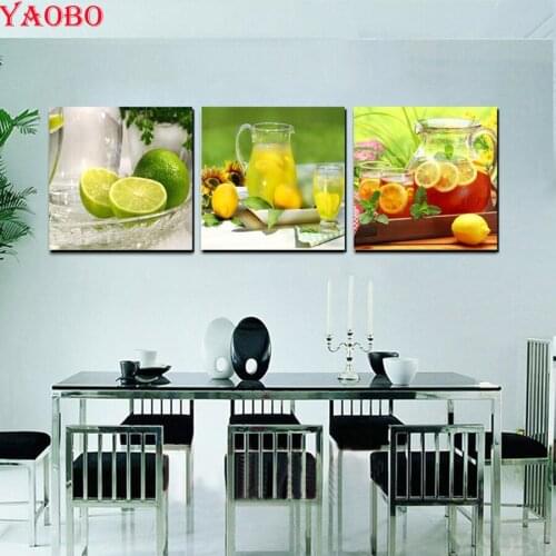 Fruit lemon Diamond Embroidery Triptych 5D Cross Stitch Diamond Painting still life Square Full Drill Rhinestones Mosaic Kitchen