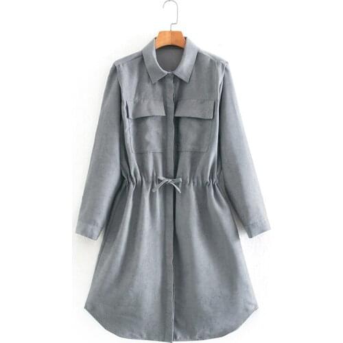 Ladies' new thick gray dress with drawstring big pockets professional office dress casual formal wear