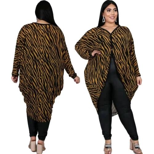 Plus Size 2XL-6XL Women Striped Printing Coats 2021 spring New Arrivals Ladys V-Neck Full Sleeve Mid-Calf Cardigan
