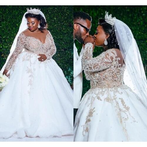 Beaded Ball Gown Wedding Dresses Plus Size Bride Long Sleeves Sheer Neck Tulle Custom Made Sweep Train vestidos de novia