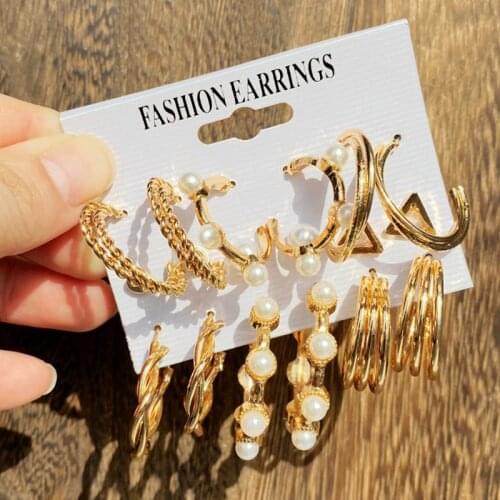EN Hot Sale Gold Geometric Pearl Drop Earrings for Women 2021 New Trendy Circle Earrings Set Jewelry Female Fashion Statement