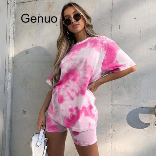 Tie Dye Print Basic Tshirt Shorts Two Piece Set Women Casual Outfits Lounge Wear Jogging Femme Biker Shorts Tees Summer