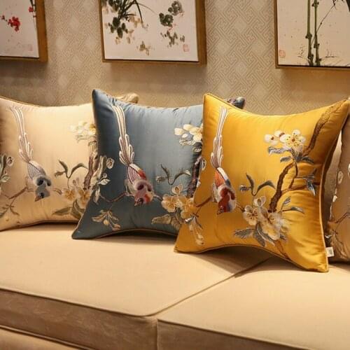 Chinese Classical Style Throw Pillow Cover Home Satin Embroidery Bird Flower Sofa Decorative Cushion Cover Back Waist Pillowcase