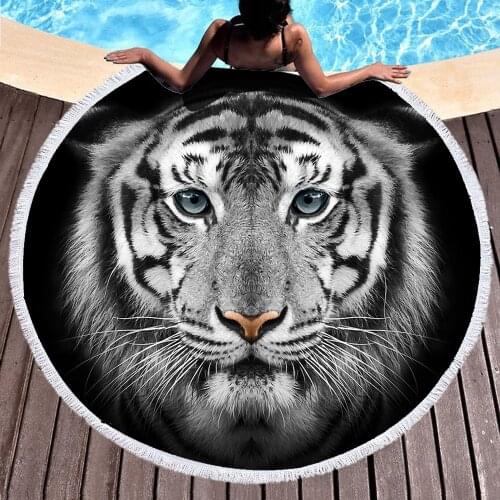 Black 3D Tiger Round Beach Towel Animal Bath Towel Microfiber Fabric 150cm Size Swimming Travel Sport Adult