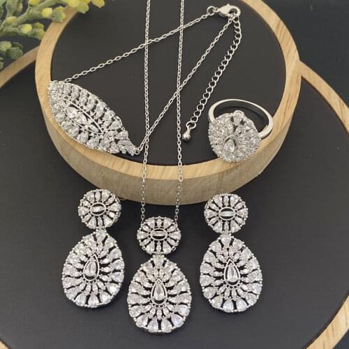 Lanyika Fashion Jewelry Set Gorgeous Drop Shape Zirconia Necklace with Earrings, Bracelet and Ring for Woman Wedding Party Gifts
