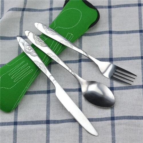 3pcs Stainless Steel Western Food Cutlery Set Outdoor Picnic Dinnerware Portable Steak Knife Fork Spoon Sets with Cloth Bag