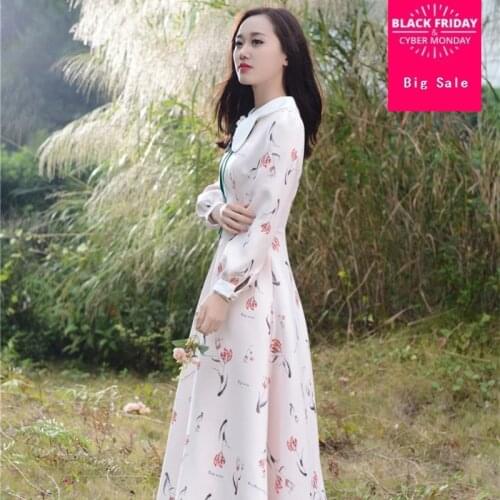 2018 spring new literature style dress long tulip flower printed dress handmade Slim retro dress Mori girl retro dress wj1719