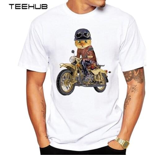 New Arrivals 2019 TEEHUB Cool Mens Fashion Cat riding motorcycle Design T-Shirt Short Sleeve O-neck Tops Hipster Tee